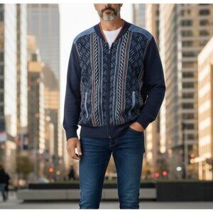 Stacy Adams Full Zip Blue Geometric Mens Pocket Cardigan Sweater Size Large